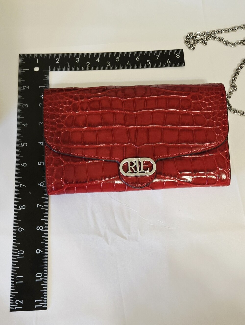 Lauren Ralp Lauren Red Croc-Embossed Leather Chain Crossbody Bag